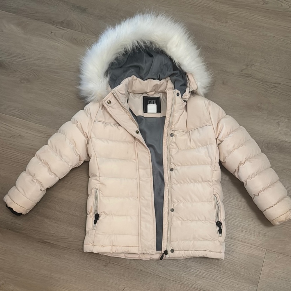 Cream Puffer Jacket with Faux Fur Hood